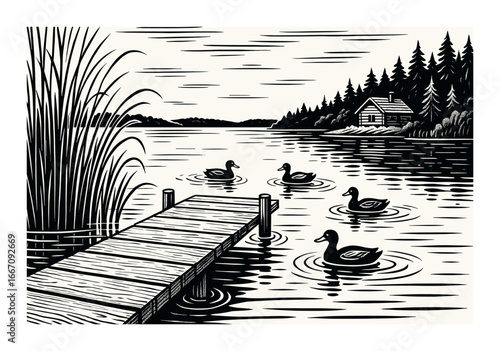 Tranquil lakeside scene with ducks and cabin in black and white illustration