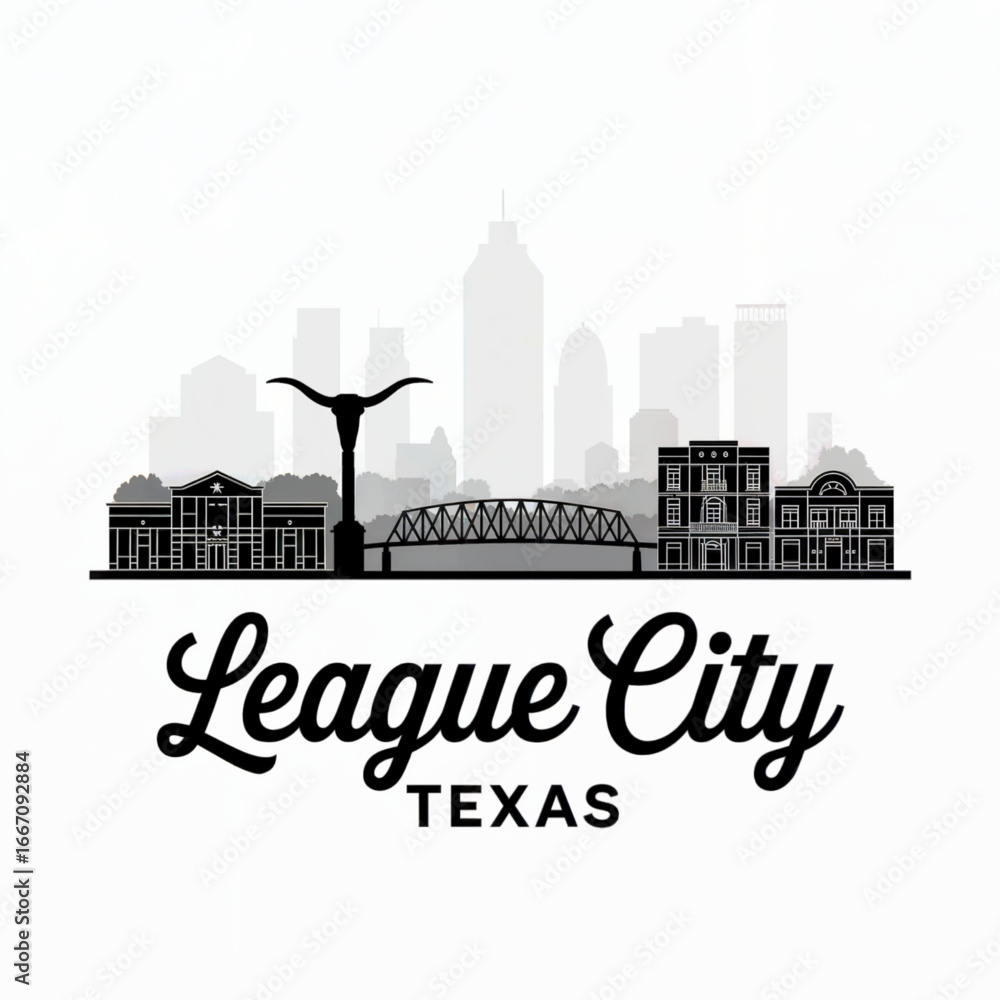 Naklejka premium League City Skyline Silhouette — Coastal Gateway of Texas Vector Illustration