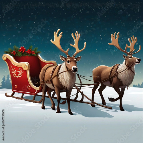 Winter Wonderland Scene with Reindeer and Sleigh: Two majestic reindeer are poised to pull a festive red sleigh adorned with holiday greenery.