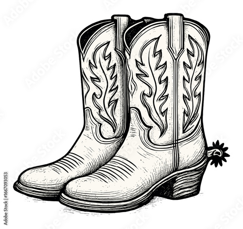 Classic western cowboy boots with intricate stitching on dark background