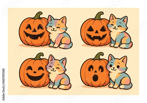 Cute cartoon cats with pumpkins featuring happy and surprised faces for halloween