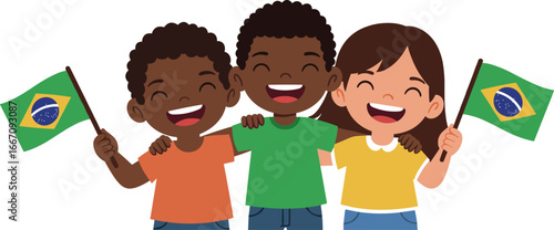 Cartoon illustration of three children holding brazilian flags and embracing on transparent background
