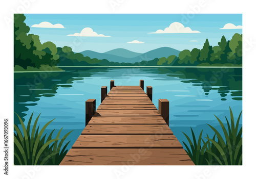 Tranquil lake view with wooden dock and lush greenery under clear blue sky
