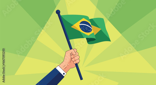 Hand holding a waving flag of brazil on a pole on transparent background