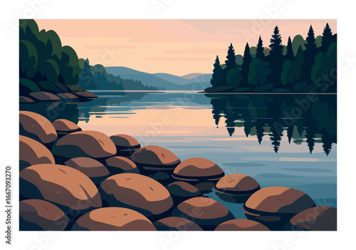 Serene lakeside sunset with rocky shore and pine forests