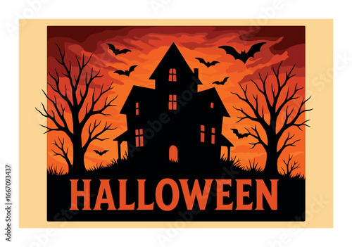 Spooky halloween scene with haunted house, bats, and bare trees at sunset