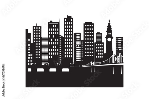 Cityscape Silhouette Skyline with Buildings, Clock Tower, and Bridge