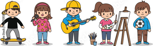 PrintCartoon children enjoying diverse hobbies including sports, music, and art activities, promoting creativity, teamwork, self‑expression, fun, and healthy active lifestyle illustration