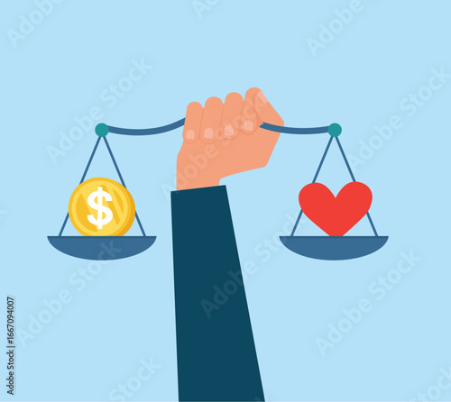Businessman hand holds mechanical scales with dollar coin and red heart in pans