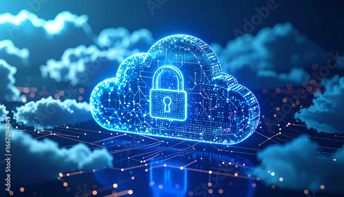 Secured Cloud Computing: A digital representation of secure cloud computing, with a glowing padlock overlaid onto a cloud silhouette, reflecting the advanced safety of data storage and processing.
