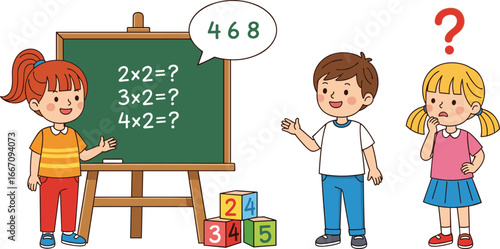 PrintCartoon children learning math at classroom chalkboard with colorful number blocks, multiplication problems, educational concept promoting teamwork, fun study environment