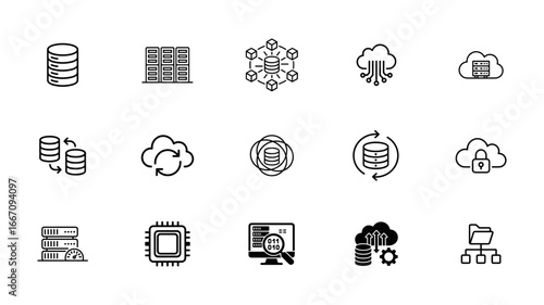 Cloud Computing and Data Icons: A clean, modern set of icons representing cloud computing and data management, perfect for illustrating technological concepts and digital services. 