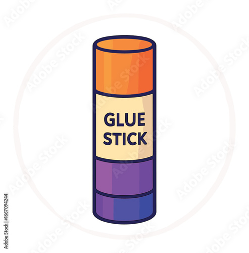 Colorful glue stick with orange and purple design on gray background
