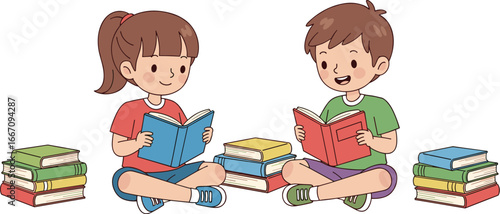Cartoon children reading books on floor with colorful stacks, educational learning concept, promoting literacy, studying together in fun playful style