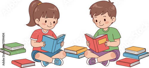 PrintCartoon children reading books on floor surrounded by colorful stacks, educational learning concept promoting literacy, happy students studying in playful scene