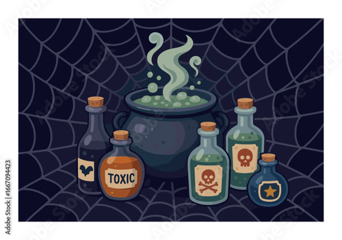 Spooky potion cauldron with toxic bottles and skull decorations on spiderweb background