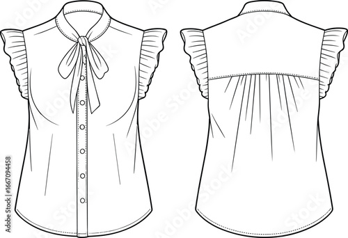 Sleeveless bow tie blouse, ruffle cap sleeves, button front, princess seams, yoke back, gathered detail, sewing pattern, fashion flat, vector illustration, garment construction