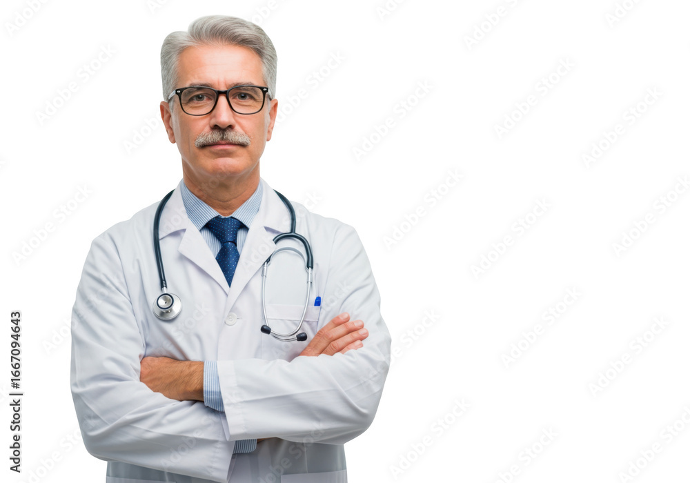 Professional mature male doctor wearing a white coat and stethoscope with arms crossed isolated on transparent background Professional mature male doctor wearing a white coat and stethoscope with arms crossed isolated on transparent background