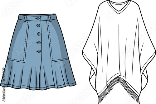 Blue denim skirt, pleated hem, front buttons, belt loops, patch pockets, white poncho, fringe hem, fashion flat, cad drawing, vector illustration, garment construction, sewing pattern template