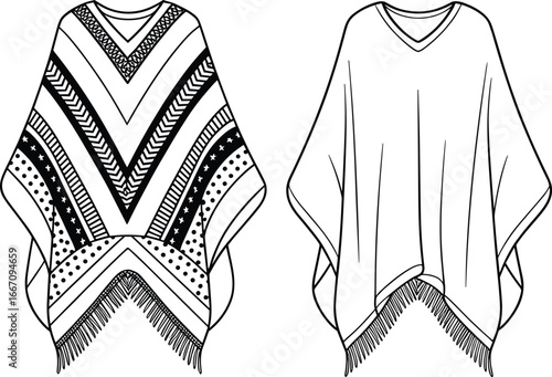 Decorative patterned poncho, plain poncho, fringe hem, V‑shaped design, textile pattern, fashion flat, cad drawing, vector illustration, garment construction, sewing pattern template