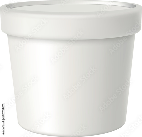 Realistic plastic container bucket with lid, package for ice cream, jam and products, vector 3D mock up, template design