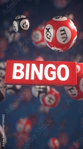 bingo inscription, lottery balls flying 3d animation