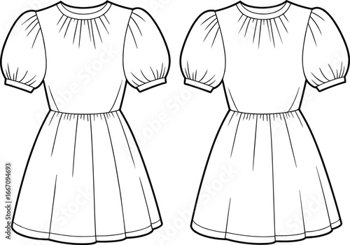 Short sleeve puffed dress, gathered neckline, fitted bodice, flared skirt, pleated waist, fashion flat, cad drawing, vector illustration, garment construction, sewing pattern template