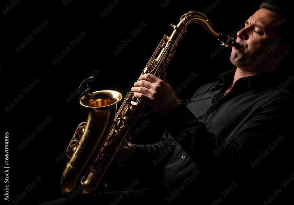 Fototapeta premium Saxophonist playing a saxophone with dramatic lighting on a solid black background