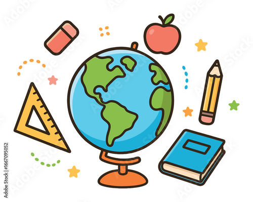 Colorful educational illustration featuring globe, book, pencil, apple, and eraser
