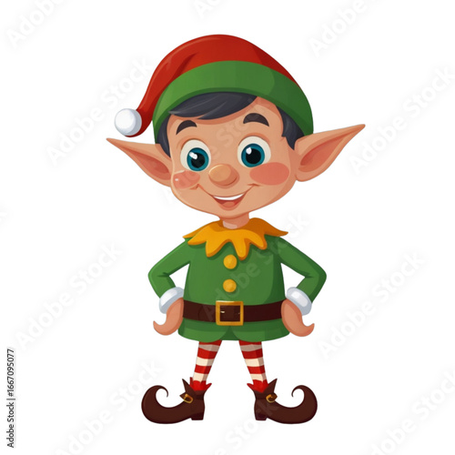 Cheerful Elf in Holiday Attire: A whimsical illustration depicts a jolly elf, donning festive green and red attire, exuding holiday cheer with a warm smile and an inviting demeanor.