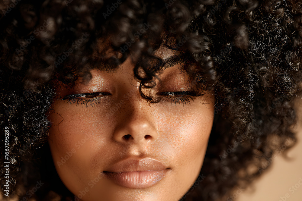 Fototapeta premium Beauty portrait of african american woman with cleanhealthy skin on beige backround. Smiling dreamy beauiful afro hairstyle girl.Crly black hair