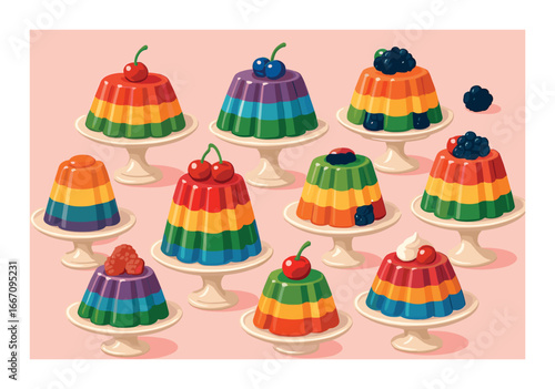 Colorful rainbow jello desserts on stands with cherries and berries