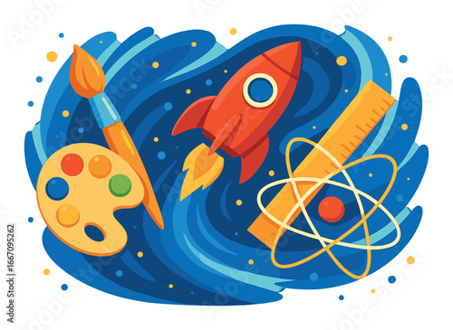 Creative learning illustration featuring art and science elements with rocket and brush