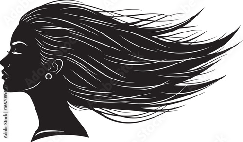 Silhouette profile of a woman with long flowing hair blowing in the wind vector illustration