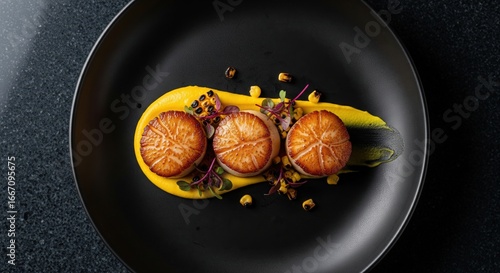 Three pan seared scallops with a creamy corn puree and charred corn on a modern black plate