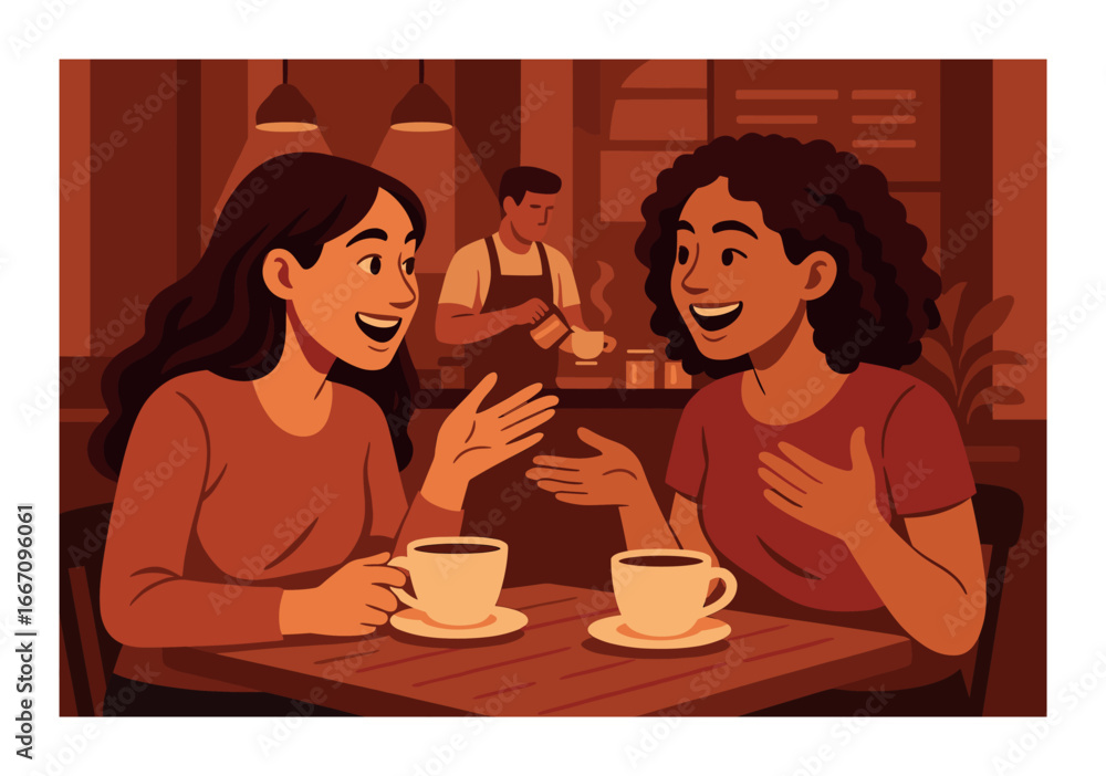 Two young women enjoying coffee at café with barista in background Two young women enjoying coffee at café with barista in background