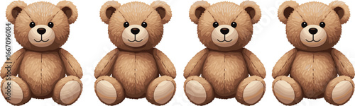 PrintCute teddy bears sitting in a row, soft plush toys illustration, children's favorite stuffed animals, cozy and cuddly vector design.