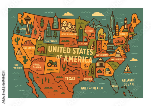 Illustrated map of the united states highlighting iconic landmarks