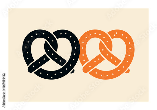 Pair of stylized black and orange pretzels with dots on beige background