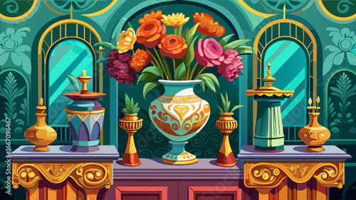 Artistic perspective on ornate vases of 4K HDR flowers atop console table, chic and sophisticated centerpiece, semi-realistic vector abstraction blending refinement, color, and timeless floral grace.