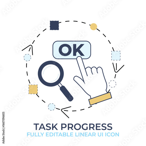 A linear UI icon for task progress, showing a hand approving with a magnifying glass.
