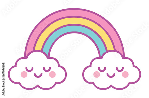 Smiling cartoon clouds under colorful rainbow with radiant glow