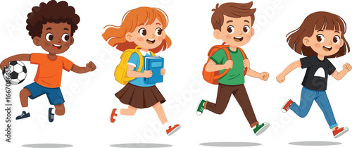 PrintEnergetic group of diverse children running with school accessories, backpacks, and sports ball, symbolizing education, friendship, teamwork, and active lifestyle illustration