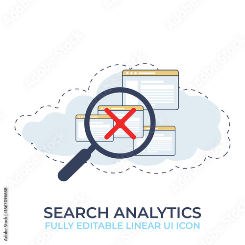 A linear UI icon for search analytics showing a magnifying glass over a search result with an error.