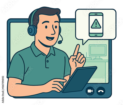 Young caucasian male tech support agent assisting online with digital device issue