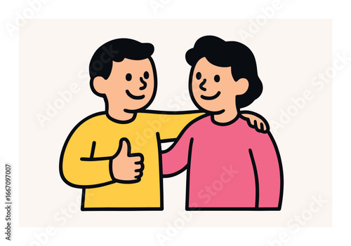 Illustration of two friends embracing with thumbs up gesture