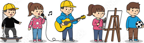 PrintGroup of Kids Enjoying Hobbies Like Singing, Painting, Playing Soccer, Guitar, and Skateboarding in Fun Cartoon Style Vector