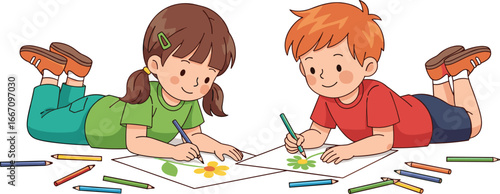 PrintHappy cartoon boy and girl lying on floor drawing colorful flowers with pencils in a creative children’s art and education vector illustration