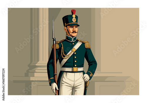 Caucasian male soldier in historical uniform with spear in classic setting
