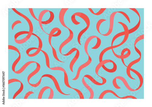 Red ribbons on light blue background creating dynamic abstract pattern
